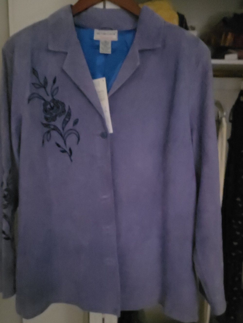 Victor Costa Lavender Suede Jacket with Black Floral Embroidery